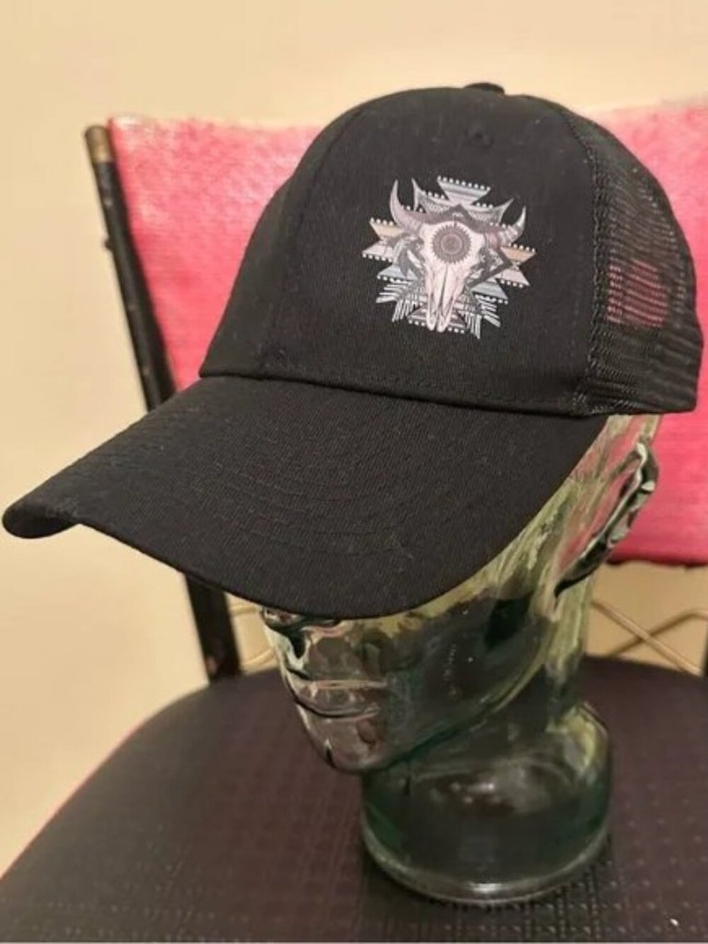 ⭐️ Unique Hat ~ Black Graphic Men's Baseball Cap ~ Cow Skull Design